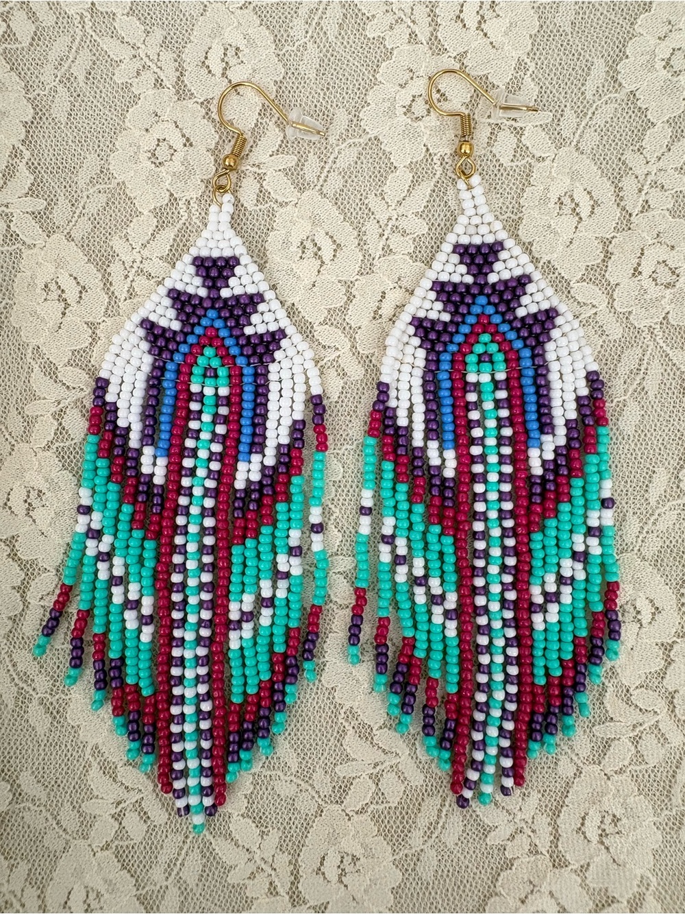 Handmade | Beaded Fringe Earrings Boho | White, Teal, Purple, and Blue